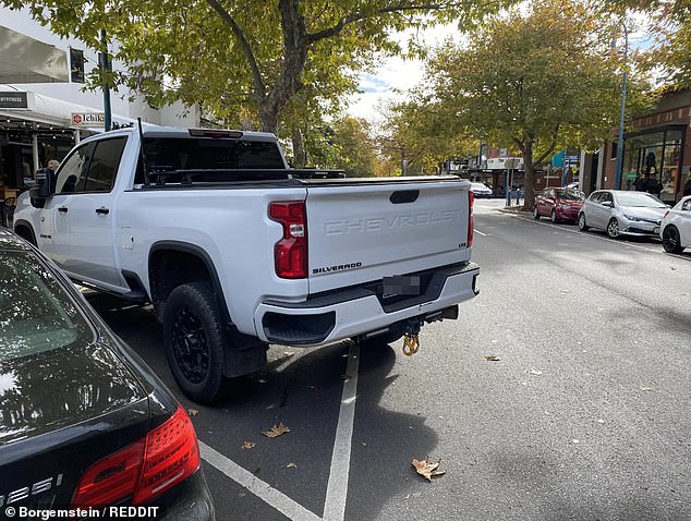 Increasingly popular six-metre long behemoths like the Chevrolet Silverado (pictured) and RAM 1500 are set to be temporarily exempted from the government's New Vehicle Efficiency Standard. They have sparked anger on social media for scenes such as this