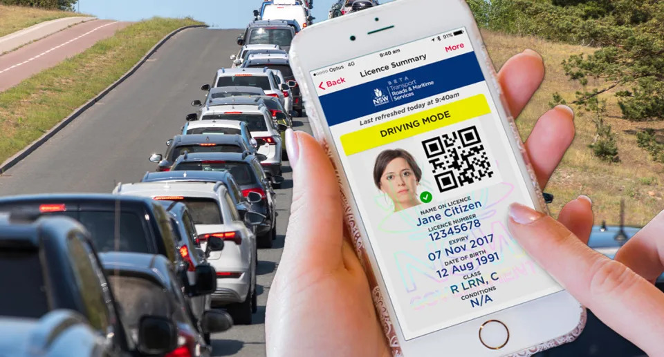 A woman uses her digital licence, inset over an image of a traffic jam. 