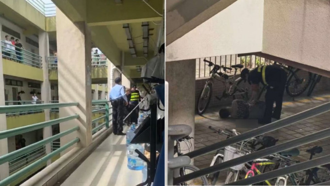 警方(图左)持防暴器材到宿舍踢门拘捕疑犯。图右为受伤倒地学生。