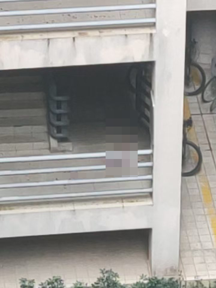 校园梯间及走廊遗下伤者大量血迹。Ｘ