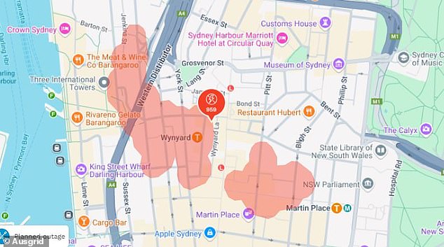 AusGrid has confirmed more than 950 customers have lost power in Barangaroo, Wynyard and Martin Place on Thursday (pictured is a map of the affected areas)