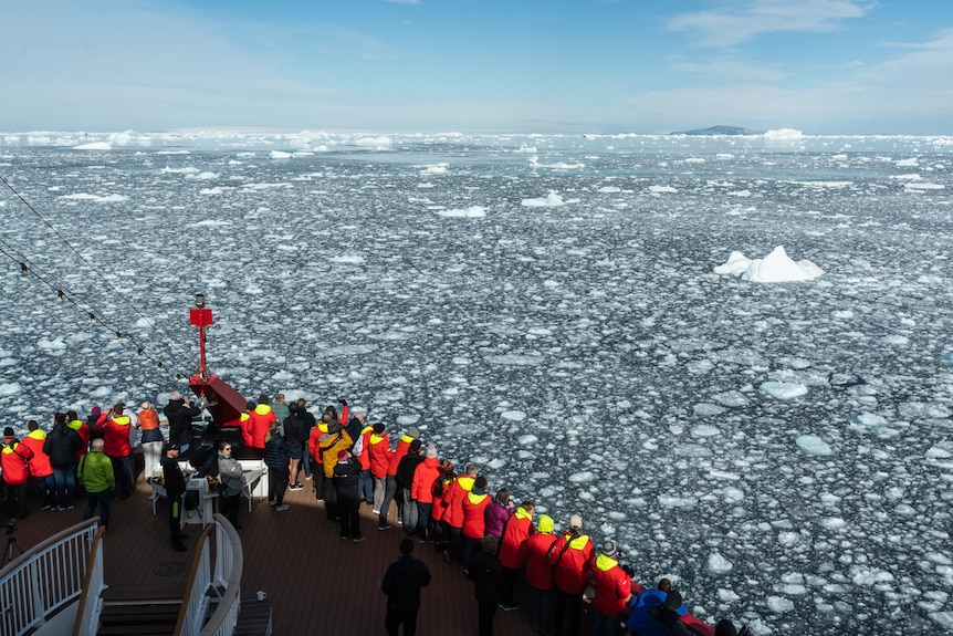 Cruise ship passengers travelling through ice