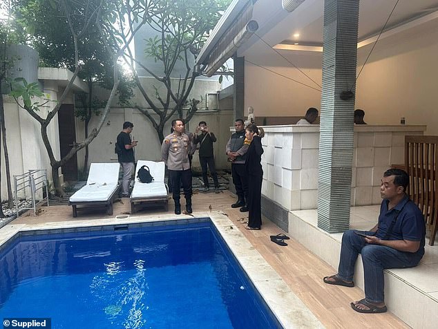 North Kuta Police (pictured) could be seen investigating the swimming pool at the Seminyak pool on Friday and also spoke to several witnesses