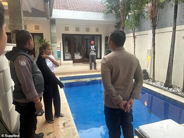 Janaa's parents had mistakenly thought the gate to the pool had been locked prior to the incident (pictured Balinese police at the scene)