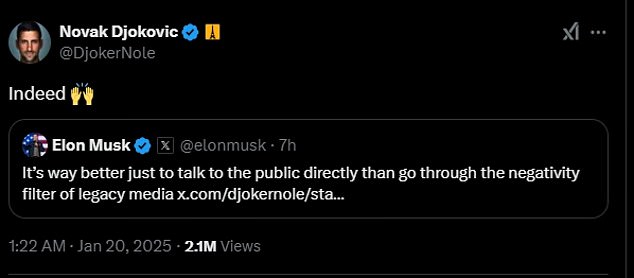 Djokovic has received backing from some of the biggest names in tennis since the scandal broke - as well as the world's richest man, Elon Musk (pictured)