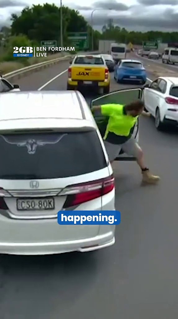 As the P-plater driver tried to join the flow of traffic, they cut in front of a tradie in a Honda van who immediately stopped his vehicle to go and confront them (pictured)