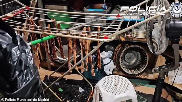 Horrific footage taken inside the restaurant showed gnarled strips of meat hanging from clothes horses