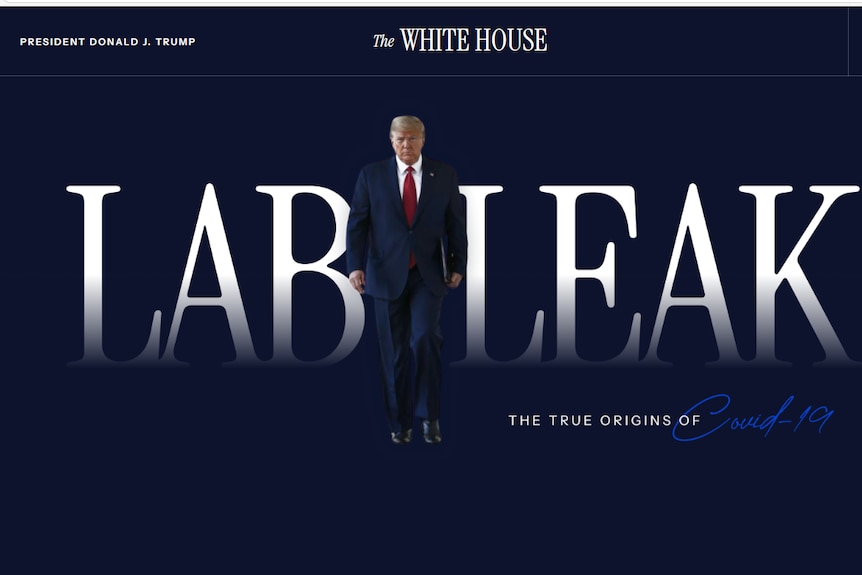 A screenshot of Donald Trump with the words Lab Leak behind him. 