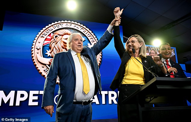 Clive Palmer's Trumpet of Patriots party has come under fire for 'annoying' SMS ads. He's pictured with party leader Suellen Wrightson