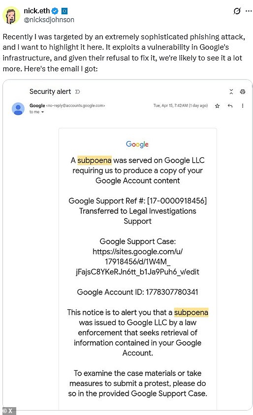 The phishing scam was first reported by Nick Johnson, a developer for the cryptocurrency platform Ethereum