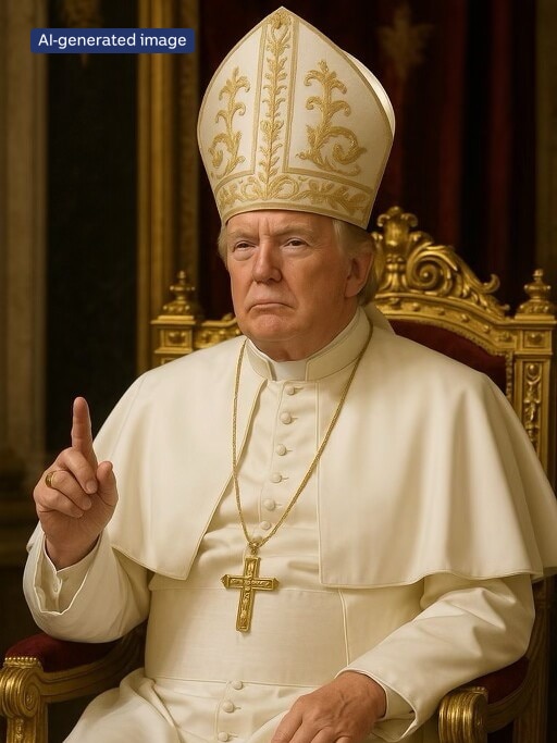 An AI-generated image showing Donald Trump dressed in white papal clothing as a pope raising his right index finger