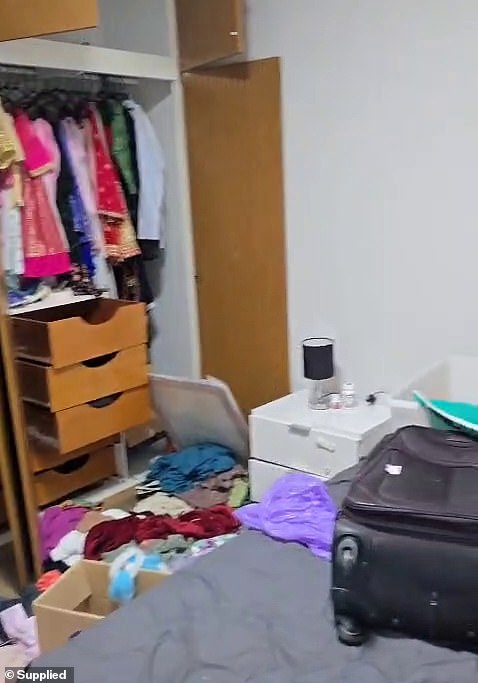 When Sanjay Kuikel visited the rental property after the discovery, he alleged that all of the wardrobes had been ransacked and clothes stolen (pictured, damage to a bedroom)