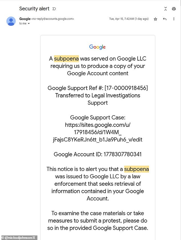 The email scam pretends to notify the victim that their account information has been subpoenaed by law enforcement, tricking the user into clicking a harmful link