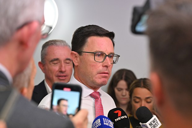 Nationals leader David Littleproud speaks to journalists in the press gallery at Parliament House.