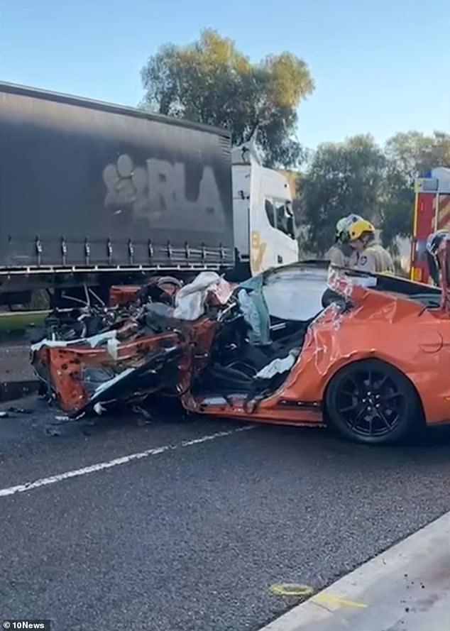 A passenger has died after a V8 Mustang crashed into a parked truck on Dunmore Drive, in Truganina, Melbourne about 1am on Wednesday