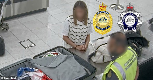 The 18-year-old French woman is pictured undergoing a baggage search at Perth Airport on April 25 following a flight from Paris