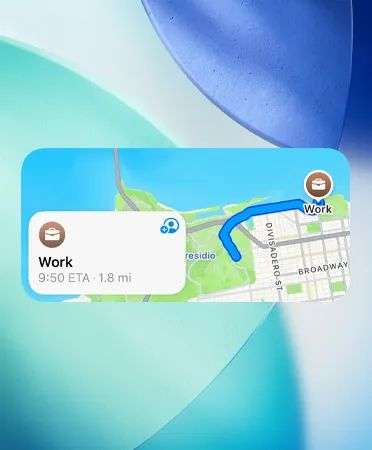 Maps widget showing new preferred routes trip planner, with traffic details, arrival time, and duration of trip