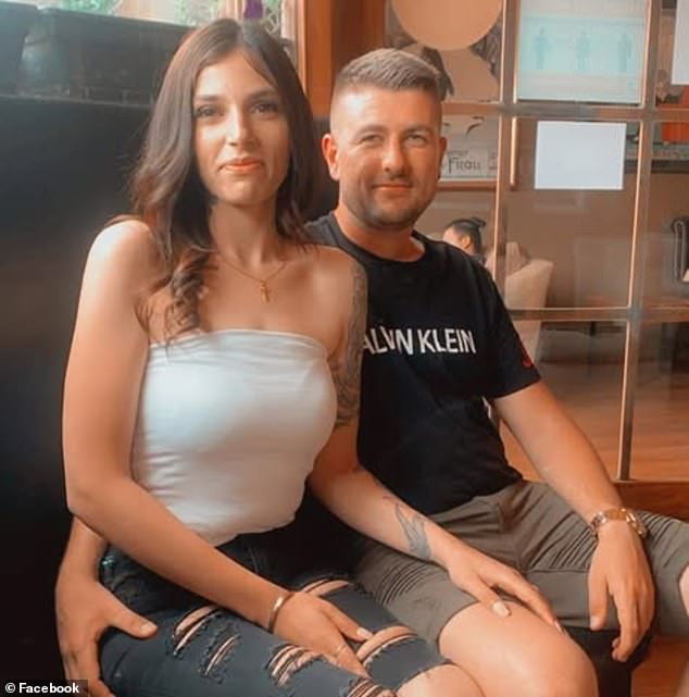 Zivan 'Stipe' Radmanovic (pictured with his wife Jazmyn Gourdeas) died at the scene after he was shot twice in the chest and once in the foot