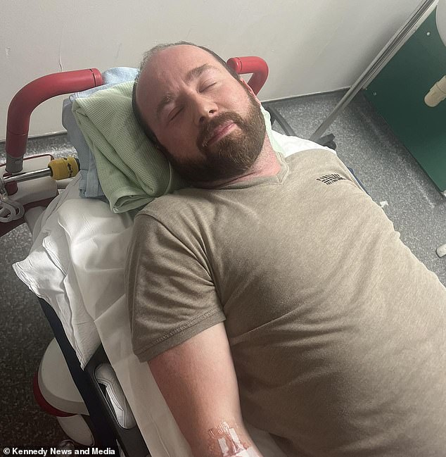 Karl said: 'I'm now hobbling about but there's still some pretty grim internal damage and a hole in my groin area. That said I've done way better than the doctors and physio thought I would at this point.' Pictured: Karl in hospital