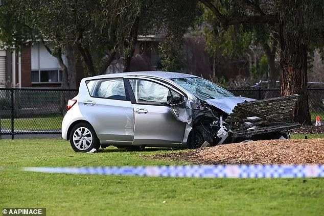The Toyota hatchback drove through a fence and smashed into a park bench