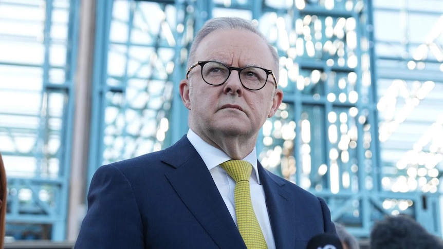 Prime Minister Anthony Albanese wears yellow tie and navy jacket, blue steel behind him