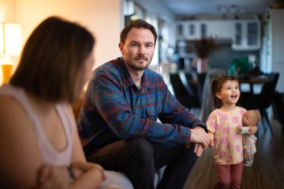 Dominic Noonan-O’Keeffe, with partner Judit and daughter Ona, has experienced debilitating symptoms from taking B6 supplements. 