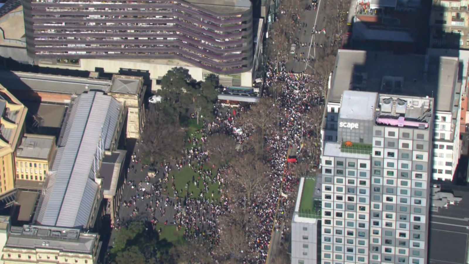 从空中拍摄的大量人群站在城市街道上。