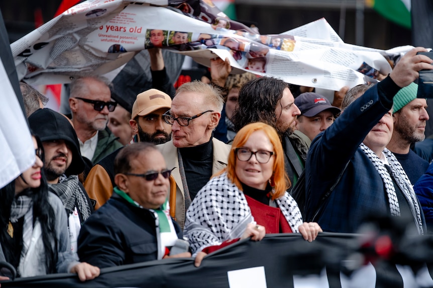 Pro-Palestinian protester cross Sydney Harbour Bridge with people with flags, signs and umbrellas