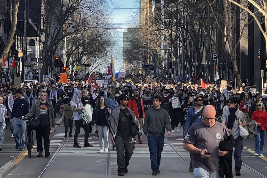 Protesters walk up Bourke Street during the Melbourne rally.
