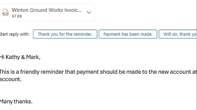 The scammers notified the pair that the bank details for their payment for their renovation had changed and that they had a second installment due