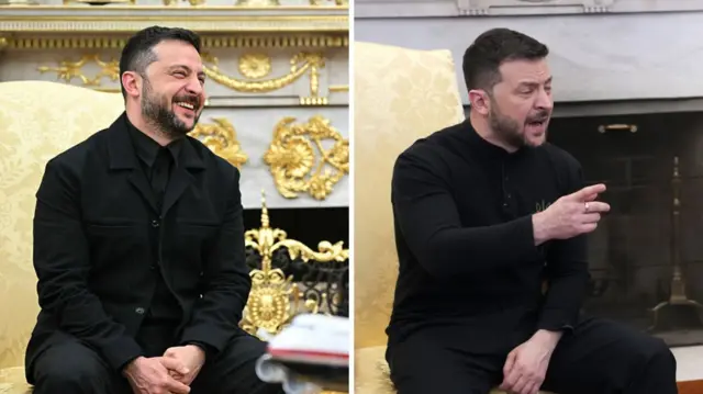 合成图片显示泽连斯基周一在椭圆形办公室身穿黑色夹克与衬衫，左侧为当日照片；右侧则是他二月现身时的照片，当时因穿着军装而遭批评