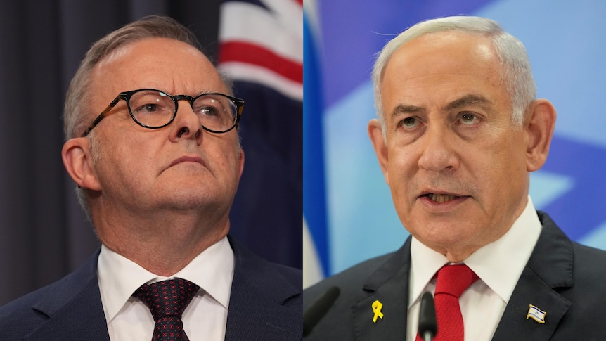 Anthony Albanese with his chin up and Benjamin Netanyahu with his mouth slightly open. Flags behind each