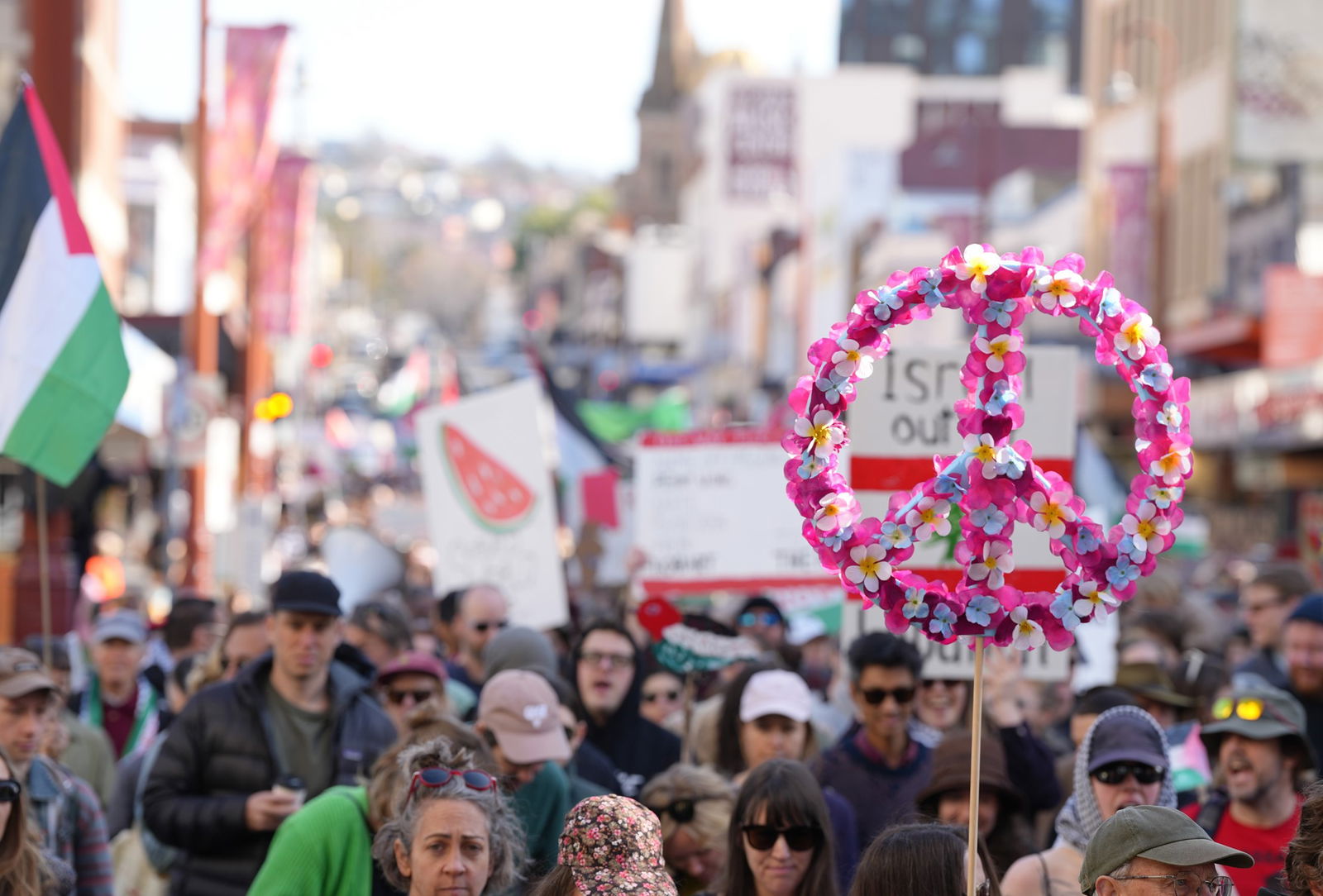 霍巴特伊丽莎白街上的一群抗议者，其中一人举着花卉和平标志。