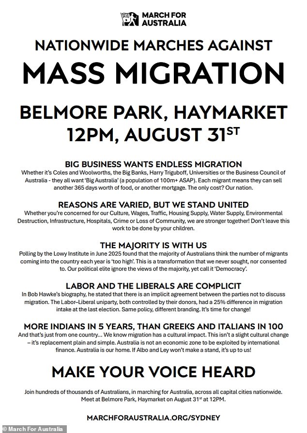 One of the flyers released by March for Australia lists protest locations and includes a manifesto outlining why supporters are marching against immigration