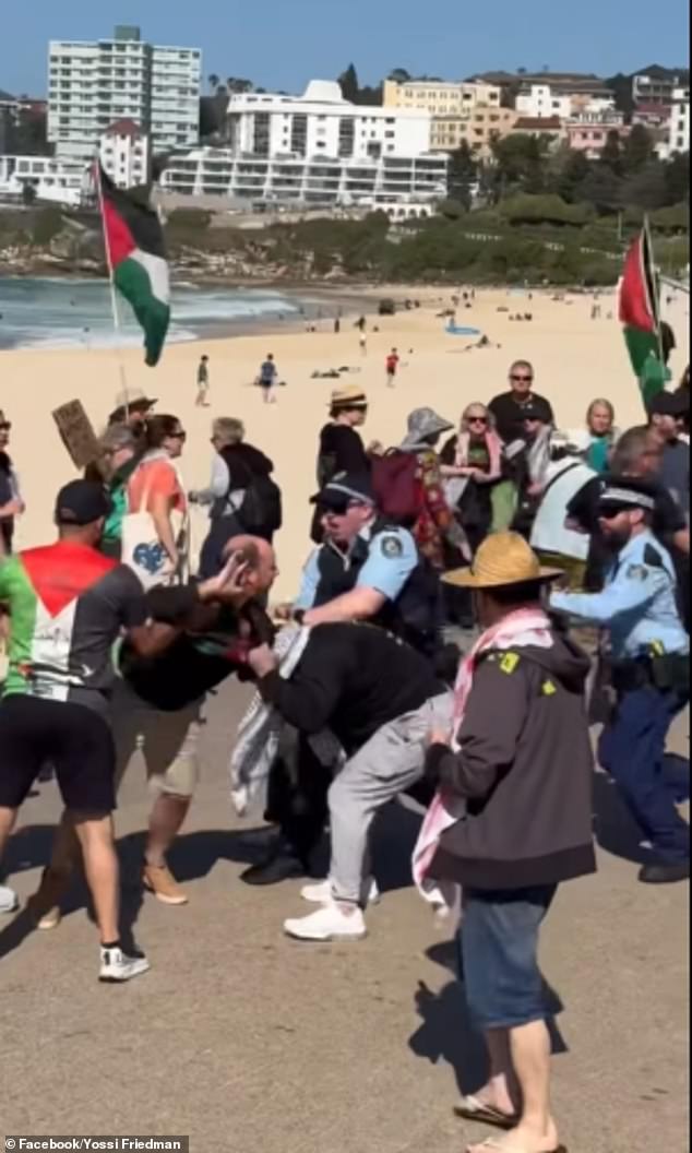 Tense footage has captured pro-Palestine activists and counter demonstrators trading blows during a paddle-out in Sydney 's eastern suburbs