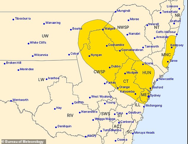 Sydney, Wollongong, Newcastle and the Central Coast are among the areas set to be hit