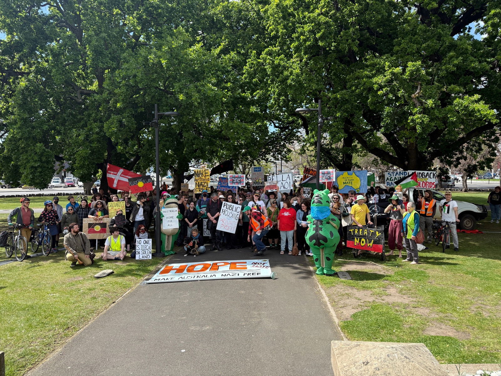 一群人举着标语牌和原住民和巴勒斯坦旗帜站在公园里