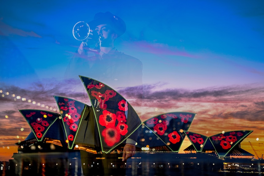 The Sydney Opera House was lit up with poppies for a dawn service on Remembrance Day 2025.