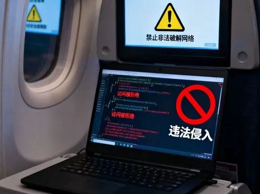 警方提醒，切勿违法侵入飞机上的上网系统（上海机场公安制图）
