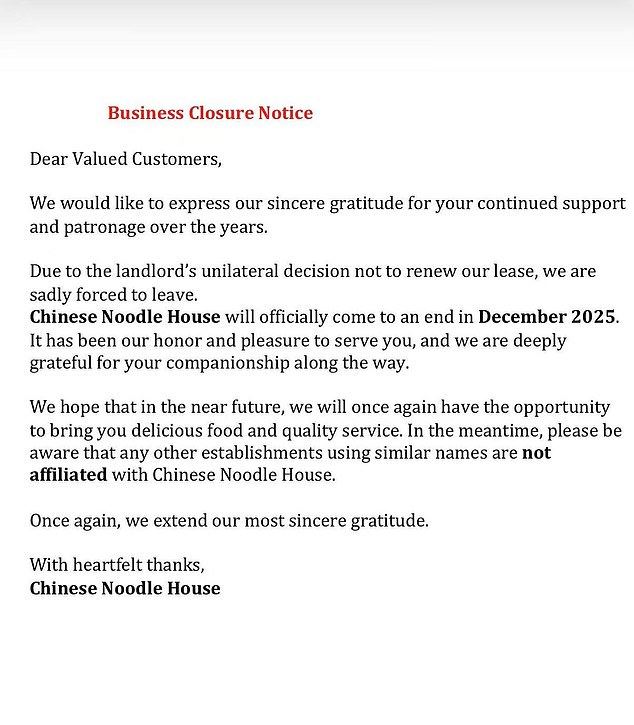A notice was shared to their @housechinesenoodles Instagram account confirming the upcoming restaurant closure
