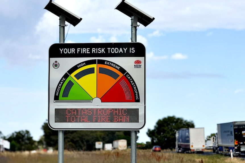 Fire danger warnign sign showing catastrophic fire danger