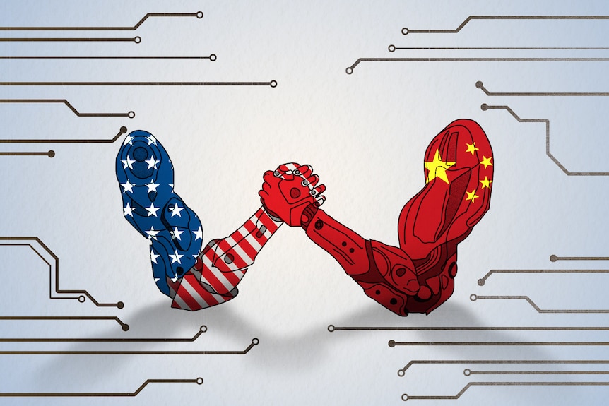 An illustration of a pair of arms — one representing the US and the other China — with fists locked as if arm wrestling.