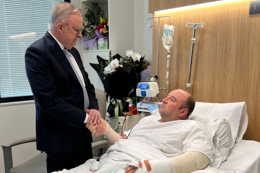 Anthony Albanese visits Bondi hero Ahmed al-Ahmed in hospital.