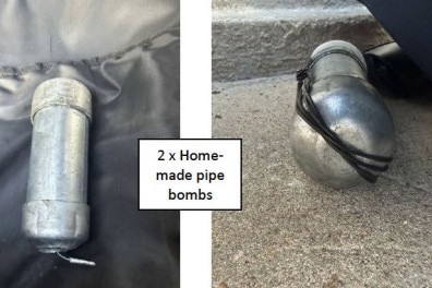 Metal cannisters on ground in composite photos