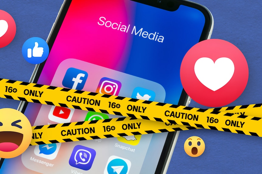 Illustration of a smartphone showing social media apps, tape saying 'caution 16+ only' across the screen.