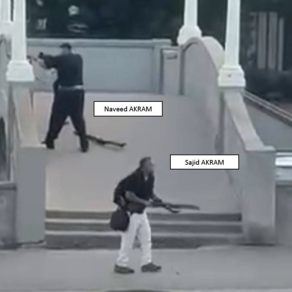 Men stand on bridge with firearms in blurry image. Text boxes at Naveed Akram and Sajid Akram