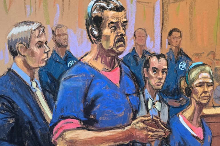 周一马杜罗在纽约出庭时的素描画像。