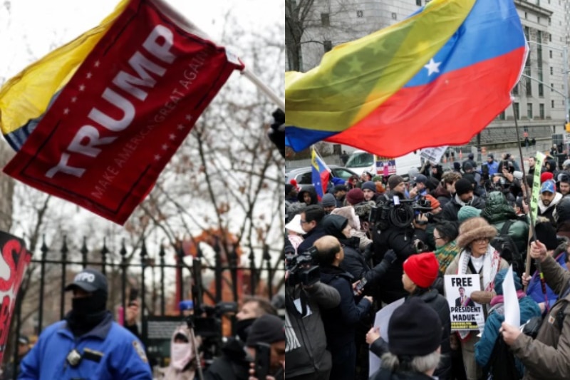 一群抗议者聚集在一起，举着标语和海报，高喊支持马杜罗的口号。另一群示威者则高举“MAGA”旗帜，支持特朗普。