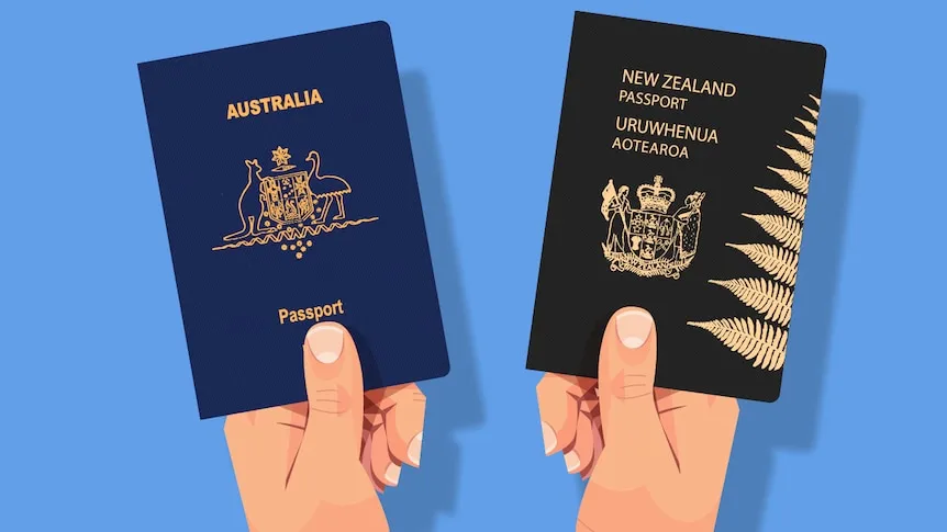 A graphic of two hands with one holding an Australian passport and another holding a New Zealand passport