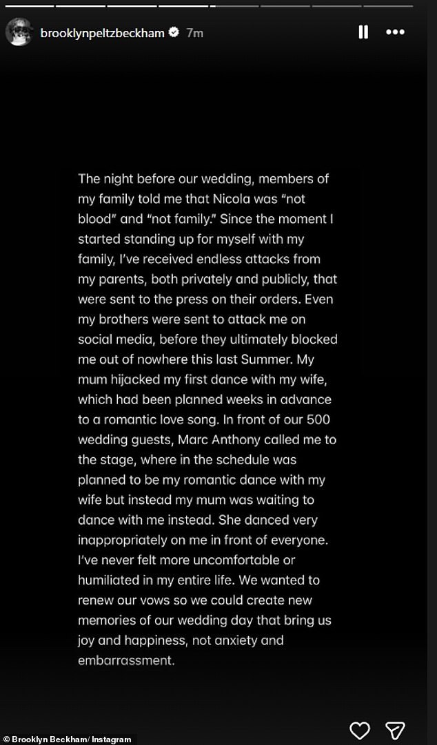 Brooklyn claimed: 'The night before our wedding, members of my family told me that Nicola was 